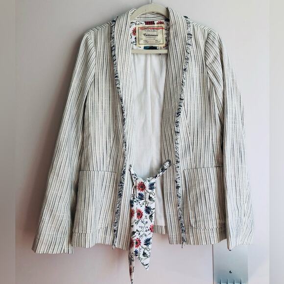 Anthropologie Cartonnier RARE Striped Fringed Linen White Blazer Women’s Size 8 - Picture 13 of 13